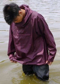 purple anorak as modest swimwear